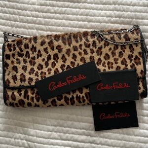 Vintage Carlos Falchi Animal Print Clutch or Shoulder Bag Black Leather Trim EUC